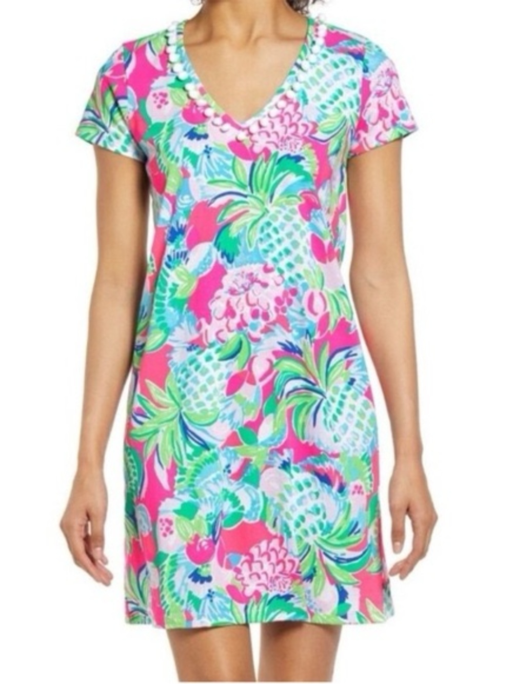 Lilly Pulitzer Pink Green Blue Tropical V-Neck Midi Dress